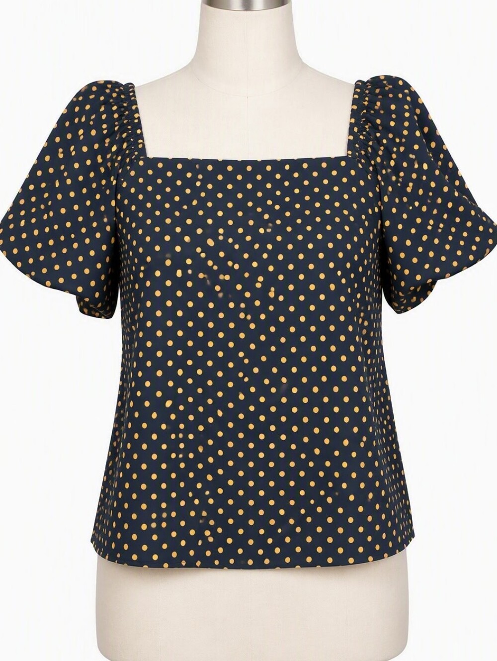 Ann Taylor Navy & Yellow Polka‑Dot Blouse – Square Neck, Puff Sleeve – Size S